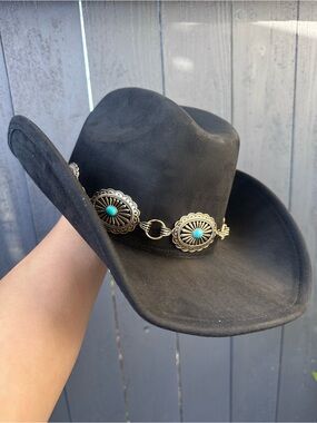 🤠🖤 New! Black Suede Cowgirl Hat with Turquoise & Gold Conchos 🖤🤠